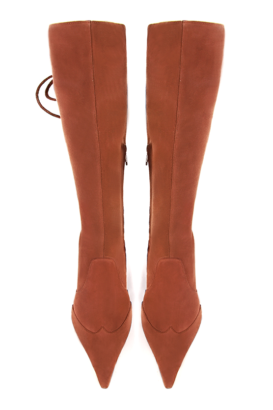 Terracotta orange women's knee-high boots, with laces at the back. Pointed toe. High block heels. Made to measure. Top view - Florence KOOIJMAN